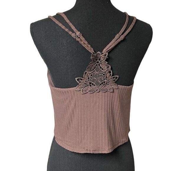 Aerie Espresso Brown Ribbed Lace Back Crop Top N0500 - Picture 2 of 7